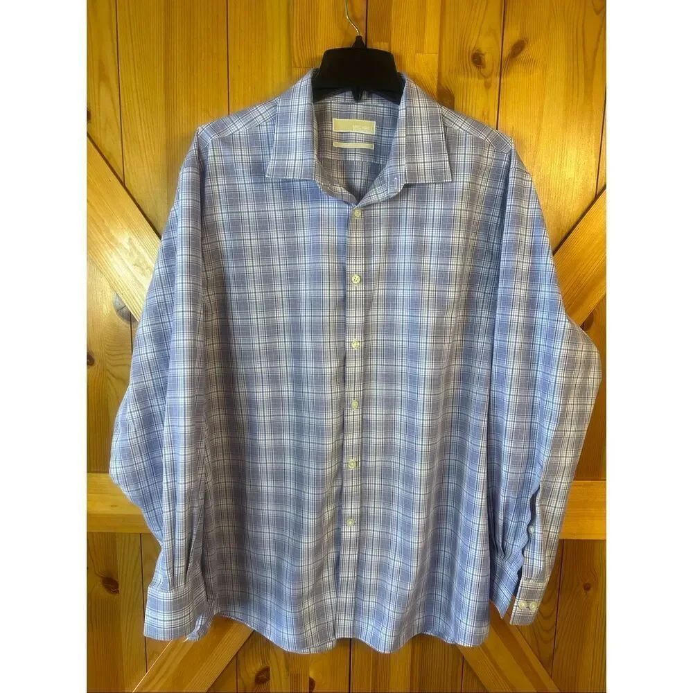 Michael Kors Purple Blue Plaid 100% Cotton Button Up Shirt Size 18.5 34/35 (5771